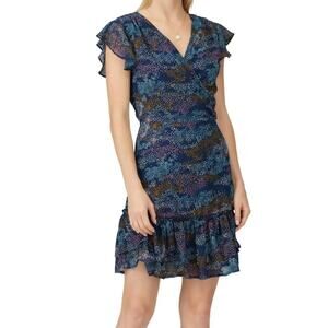 Slate & Willow Confetti Printed Navy‎ Dress Flutter Sleeve Ruffle Skirt Large
